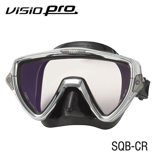 Tusa M-110SQB-CR Visio Pro Mask with chrome frame, featuring anti-reflective and UV lens treatments for enhanced underwater vision.