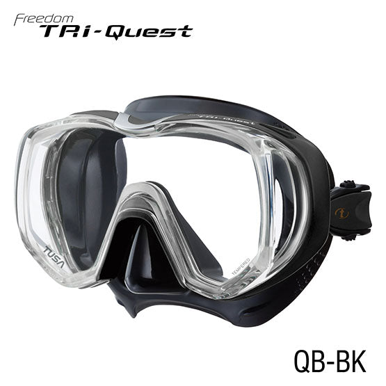 Tusa M3001 Freedom Tri-Quest black silicone diving mask with panoramic view and patented domed side windows