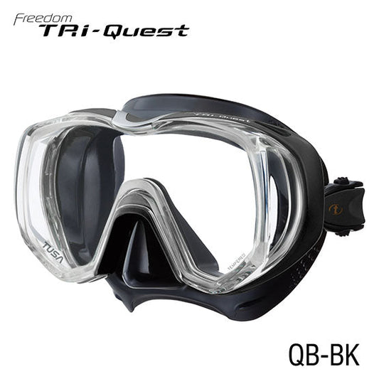 Tusa M3001 Freedom Tri-Quest black silicone diving mask with panoramic view and patented domed side windows