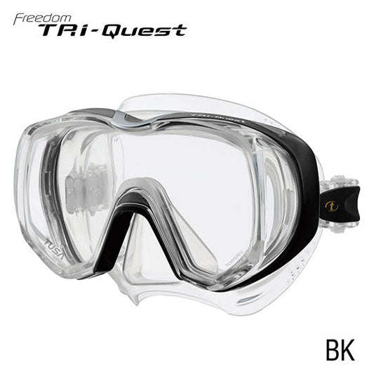 Tusa M3001 Freedom Tri-Quest diving mask with clear silicone, panoramic view, domed side windows, and 3D strap.