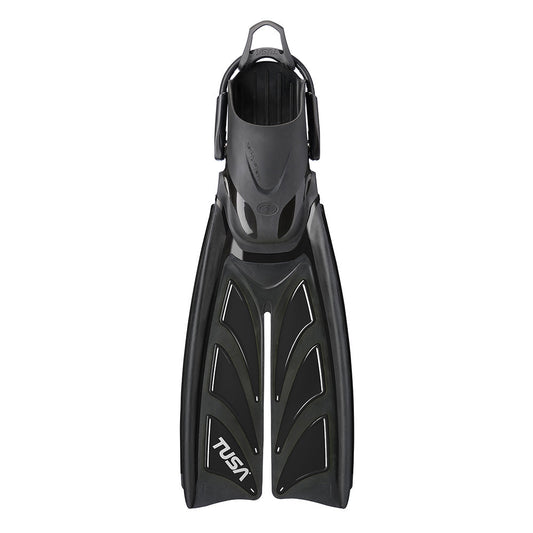 Tusa SF0111 HyFlex Zoom Fins black split fins with six-gill blade and adjustable bungee strap for scuba diving and snorkeling.