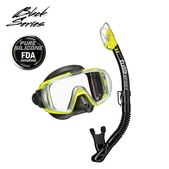 Tusa Sport Visio Tri-Ex mask and snorkel combo with 168° panoramic view and FDA compliant pure silicone.