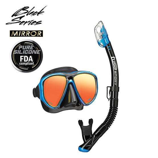 Tusa Sport UC2425PMQB dry snorkel combo with mirror lens, pure silicone skirt and strap, Hyperdry Elite dry top technology, and tempered glass mask.