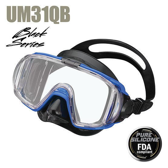 Tusa Sport UM31QB Visio Tri-Ex scuba mask with 168° panoramic view, pure silicone skirt, and adjustable strap in metallic blue and black.