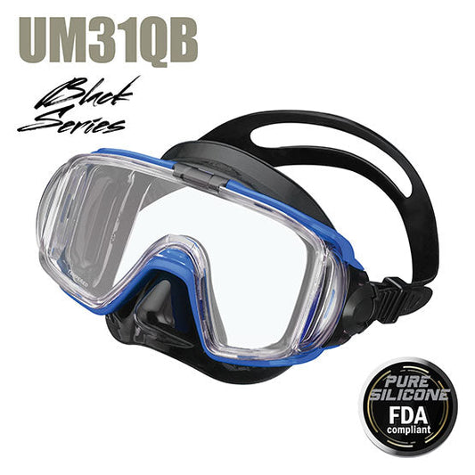Tusa Sport UM31QB Visio Tri-Ex scuba mask with 168° panoramic view, pure silicone skirt, and adjustable strap in metallic blue and black.