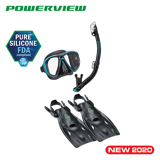 Tusa Sport UP-2521B dry travel snorkel set with mask, snorkel, fins, and pure silicone components for adults