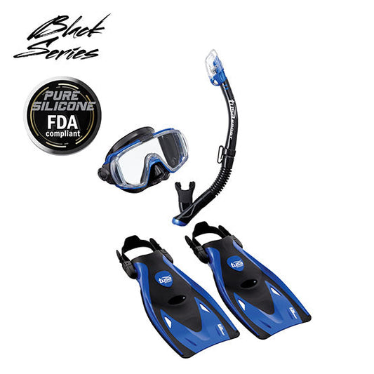 Tusa Sport UP-3521QB adult snorkeling travel set with mask, snorkel, and fins in blue and black silicone