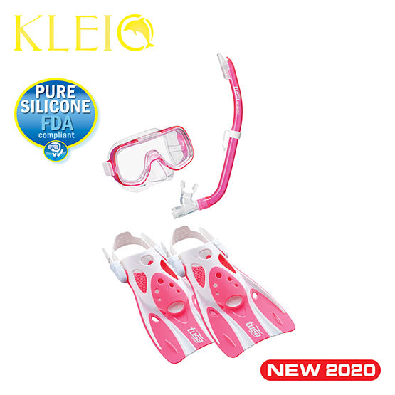 Mini-Kleio Hyperdry youth travel snorkeling set with pink mask, Hyperdry snorkel, and travel fins in pink and white