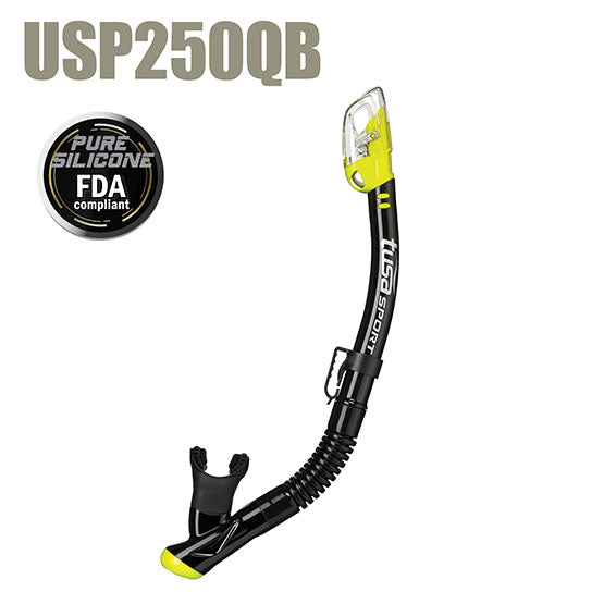 Tusa USP250QB dry snorkel with Hyperdry Elite dry top technology and silicone mouthpiece in black and yellow
