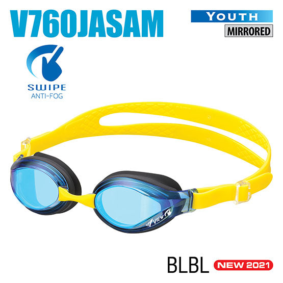 Tusa View V760JASAM SWIPE youth mirrored swimming goggles with anti-fog yellow strap and blue lenses
