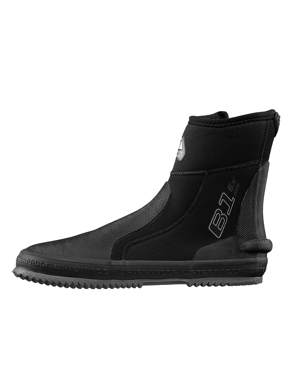 Waterproof B1 6.5mm black dive boot with extra long zipper and reinforced heel and toe for cold water protection