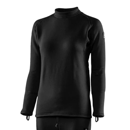 Ladies Waterproof Body 2X Undersuit Top in black with thumb loops and extended tail for thermal protection and comfort