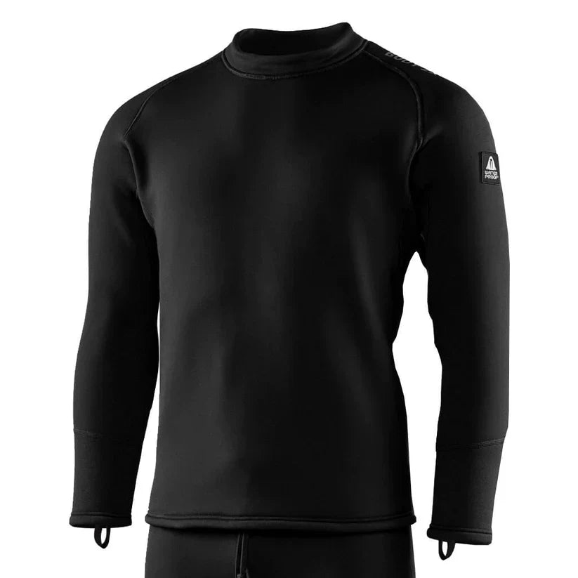 Men's Waterproof Body 2X Undersuit Top black thermal fleece with thumb loops and flatlock seams for cold weather diving