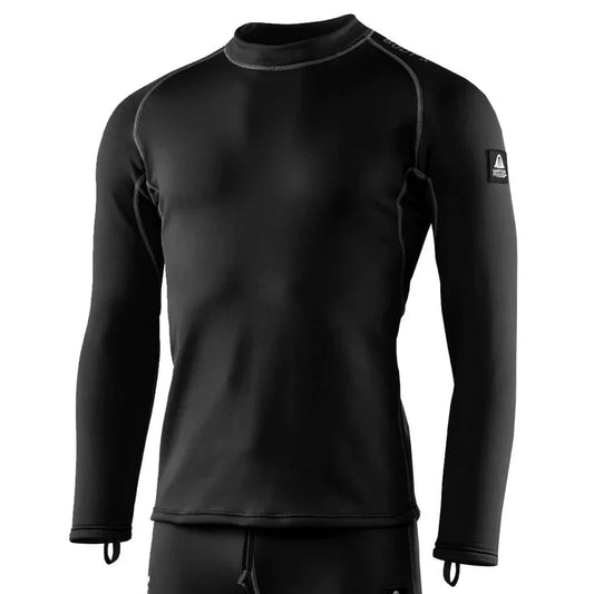 Men's Waterproof Body X undersuit top in black with flatlock seams and thumb loops for insulation and comfort