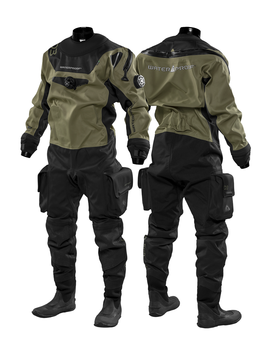 Waterproof D3 Ergo Drysuit for ladies in olive and black, lightweight, durable, flexible tri-lam fabric with neoprene boots and SI TECH seals and valves.