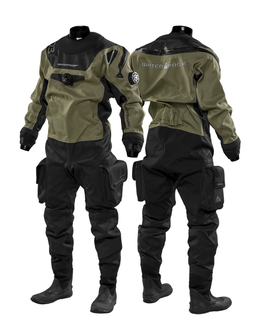 Waterproof D3 Ergo Drysuit for ladies in olive and black, lightweight, durable, flexible tri-lam fabric with neoprene boots and SI TECH seals and valves.