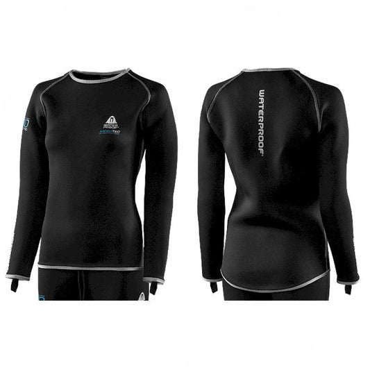 Waterproof Meshtec 3D Undergarment top for women with long tail and thumb loops, designed for warm, dry diving.