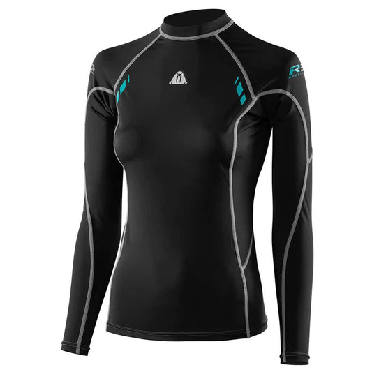 Waterproof R30 long sleeved ladies rash guard with 50+ UPF, spandex and lycra, quick drying and flexible