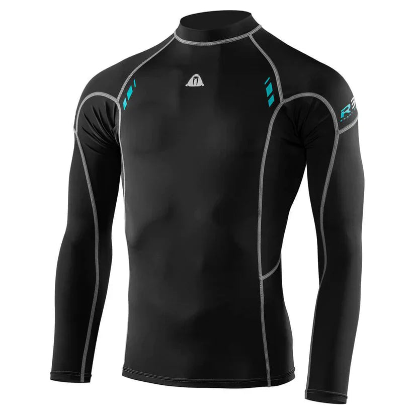 Waterproof R30 Long Sleeved Rash Guard for men in black with blue accents and gray stitching, lightweight and UV protective