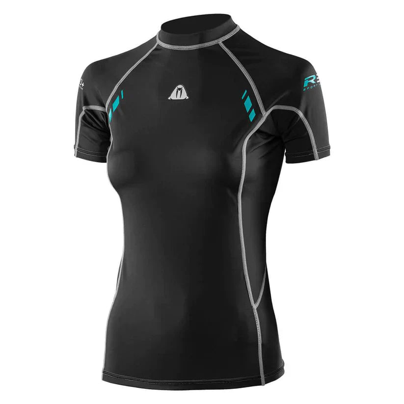 Waterproof R30 short sleeved ladies rash guard in black with blue accents and 50+ UPF protection