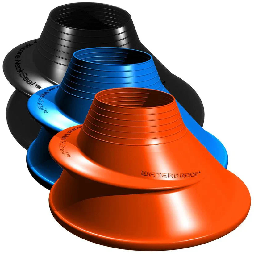 Waterproof Silicone Neck Seal in black, blue, and orange with stretchable, UV resistant design for drysuit diving