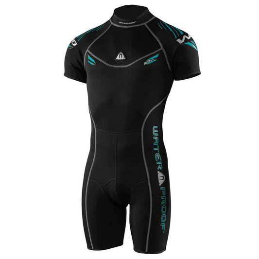Waterproof W30 2.5mm Shorty Wetsuit for men in black with turquoise accents and back zipper