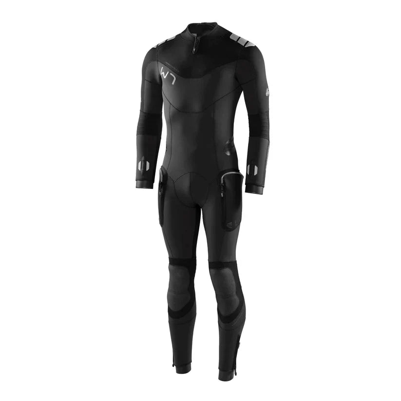 Waterproof W7 5mm men's black neoprene wetsuit with reinforced knees, double zipper seals, and flexible pockets for tropical diving