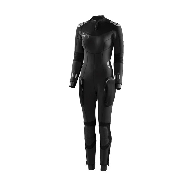 Waterproof W7 wetsuit women's 7mm black and grey neoprene diving suit with reinforced knees and double zipper seals