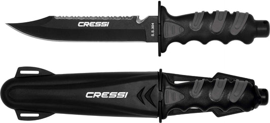 Cressi Giant Knife in black/silver with tempered AISI 420 steel blade, serrated and smooth edges, safety rope cutter, and ergonomic grip.