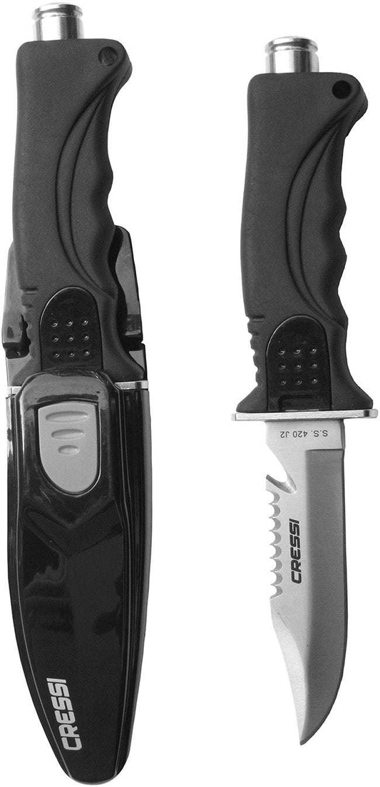 Cressi Skorpion Knife with sheath, featuring AISI 304 steel blade and ergonomic handle.